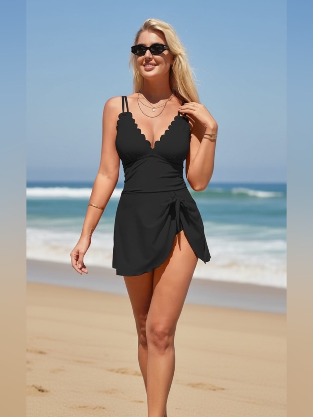 Swimdress Tummy Control One‑Piece NWT | Black Scalloped Tie‑Knot Skirt | New XL